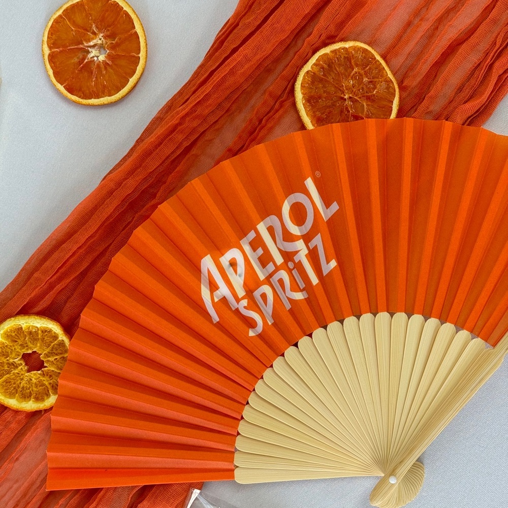 Aperol Spritz hand fan wood and fabric New!